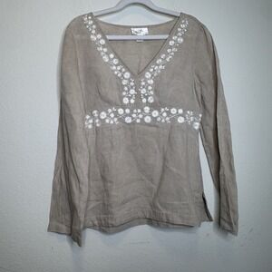 Ann Taylor LOFT Tan Linen‎ Embroidered Top Blouse Beach Coastal Womens Size 4